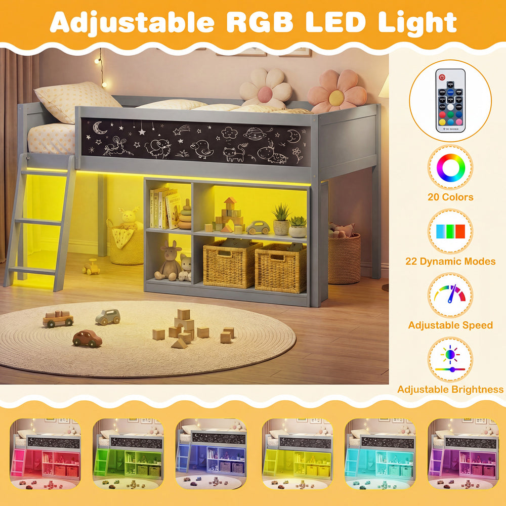 Twin size kids loft bed in gray with adjustable RGB LED lights and removable bookcase for creative play and storage.