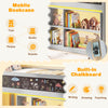 Twin size kids loft bed with removable mobile bookcase and built-in chalkboard for creative play and storage.