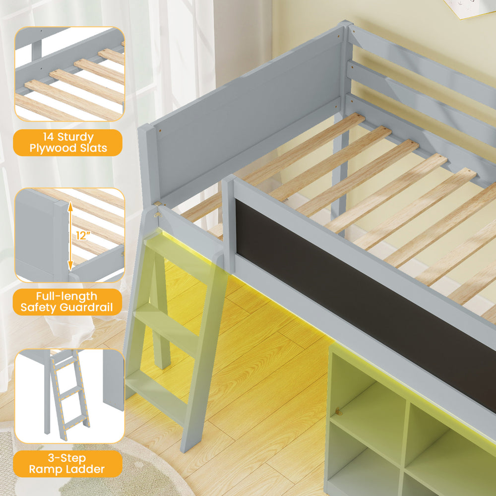 Twin size kids loft bed in gray with full-length safety guardrail and 3-step ramp ladder for safe climbing.