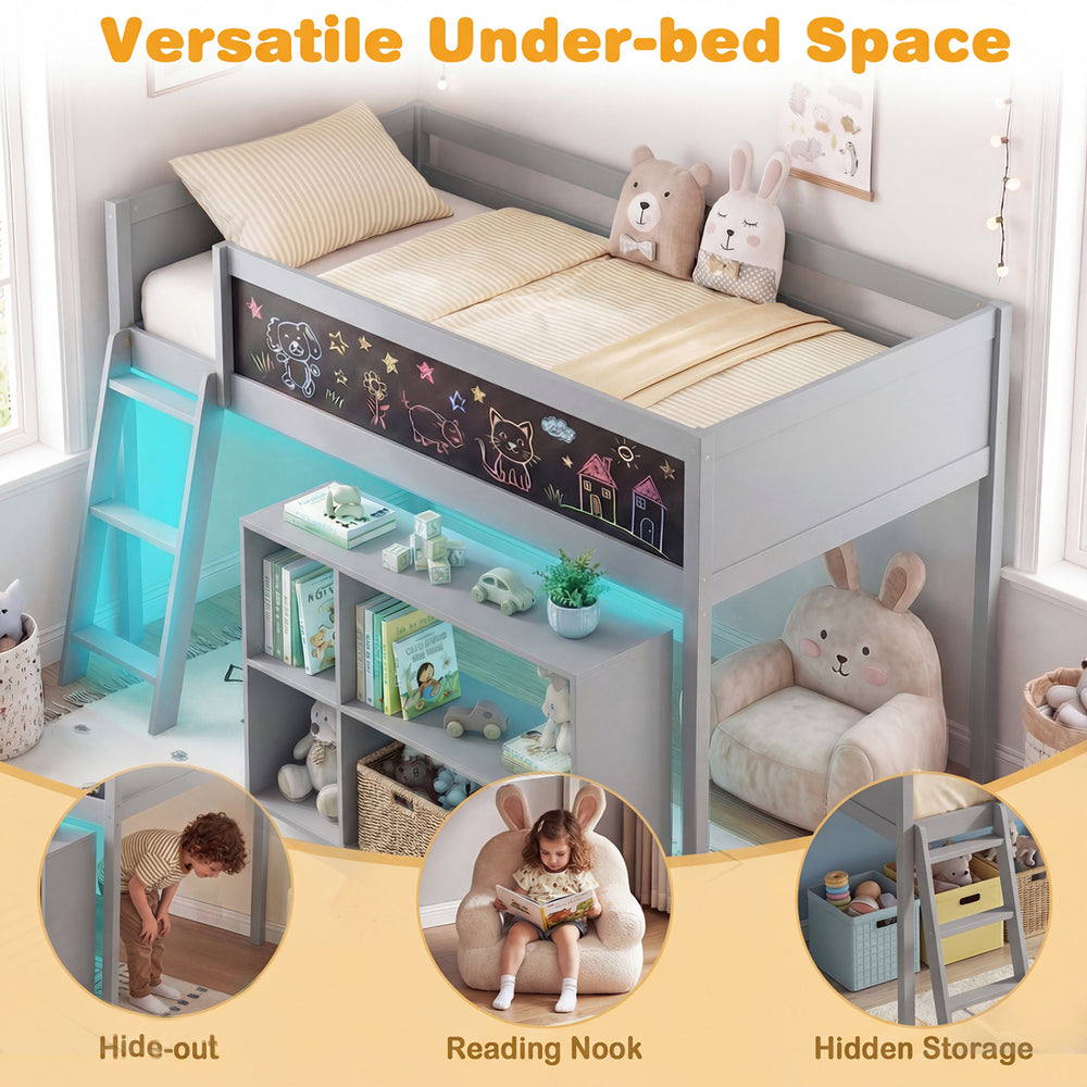 Twin size kids loft bed in gray with LED lights, removable bookcase, and versatile under-bed space for reading or.