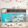 Twin size kids loft bed in gray with LED lights, removable bookcase, and integrated chalkboard for creative play.