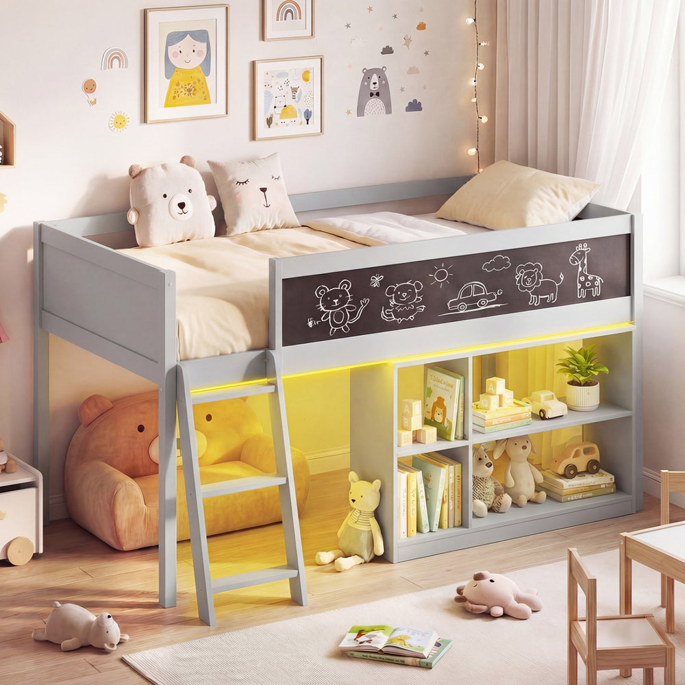 Twin size kids loft bed in gray featuring a cozy under-bed space for reading nook or hidden storage and a 3-step ladder.
