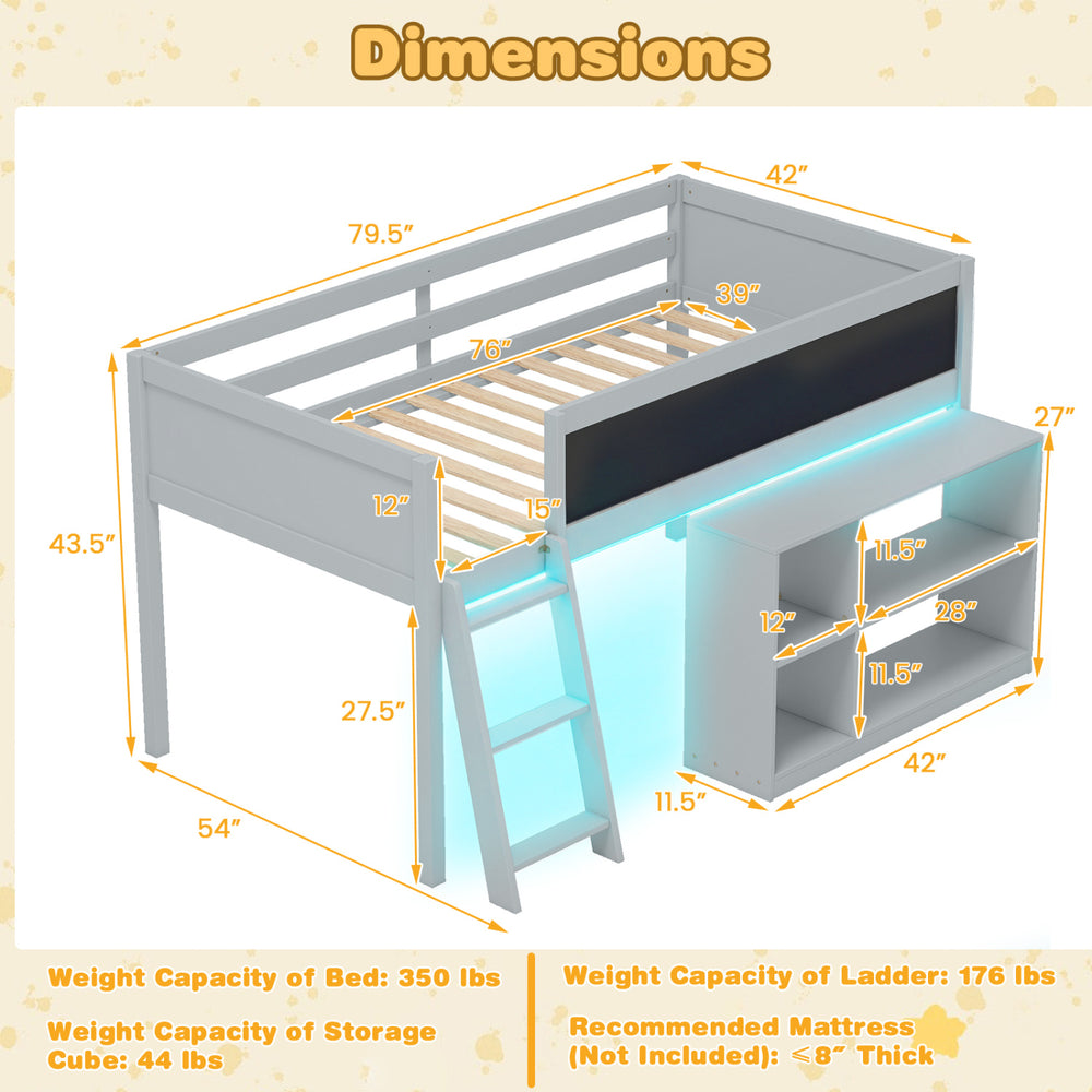 Twin size kids loft bed in gray with removable bookcase, LED lights, and safety guardrail for creative sleeping space.