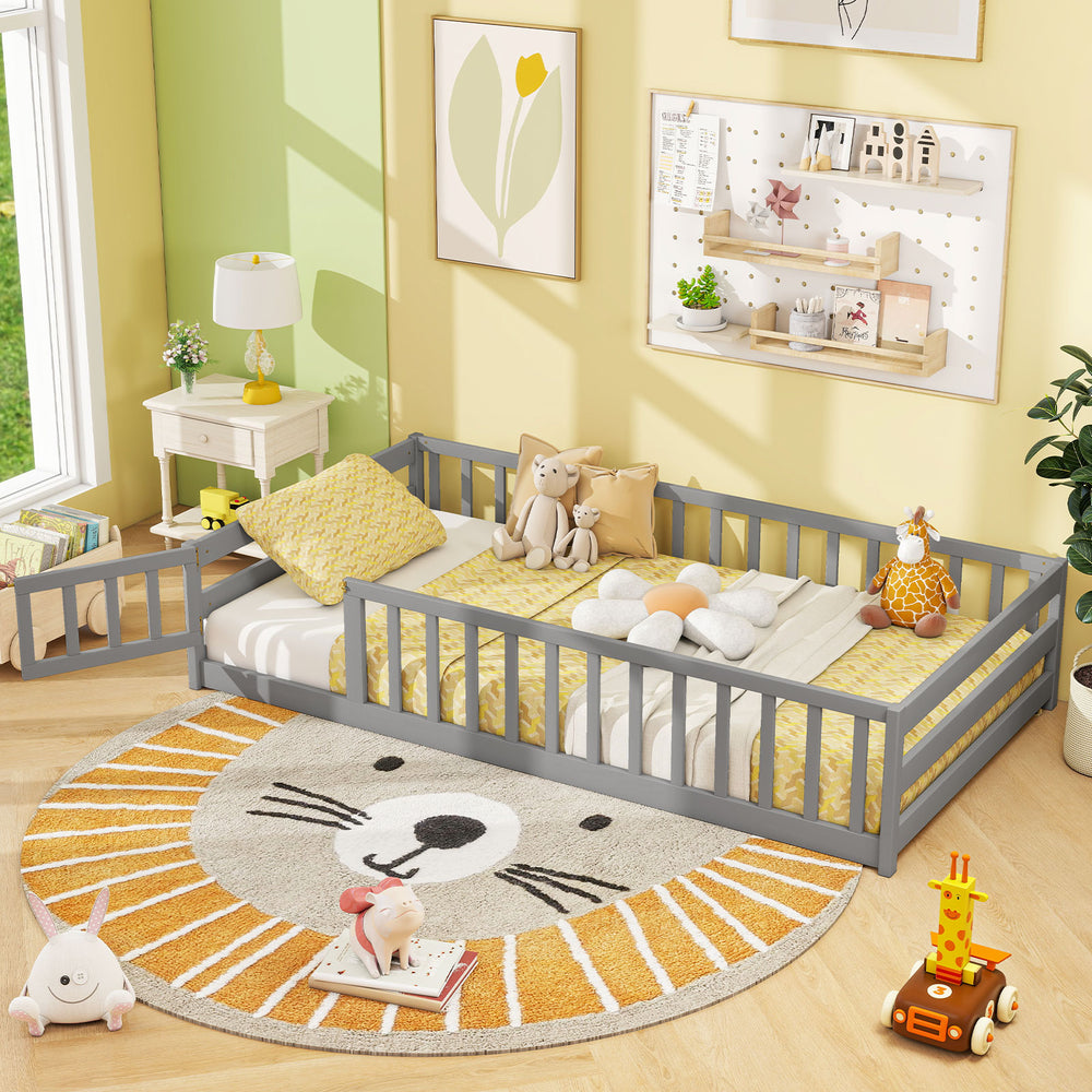 Twin Size Kids Wood Montessori Floor Bed with Door and Fence-Gray - Gallery View 1 of 10