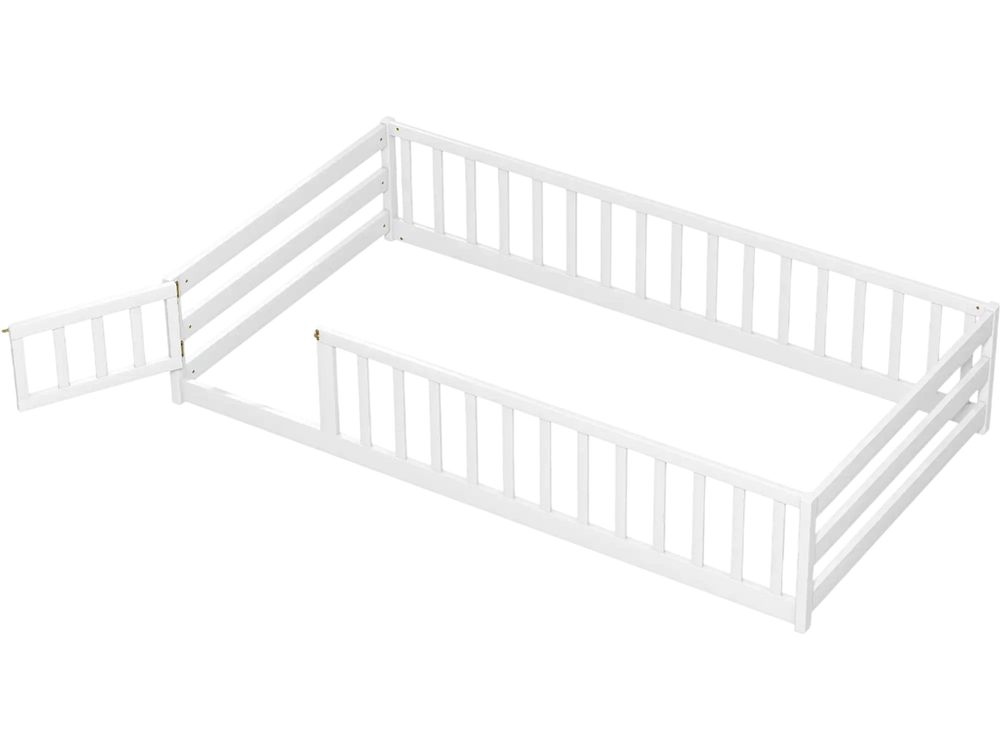 Twin size kids wood Montessori floor bed in white with safety fence and door, perfect for sleeping and playing.