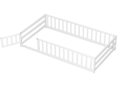 Costway Twin Kids Wood Montessori Floor Bed with Door Fence 45876239 New
