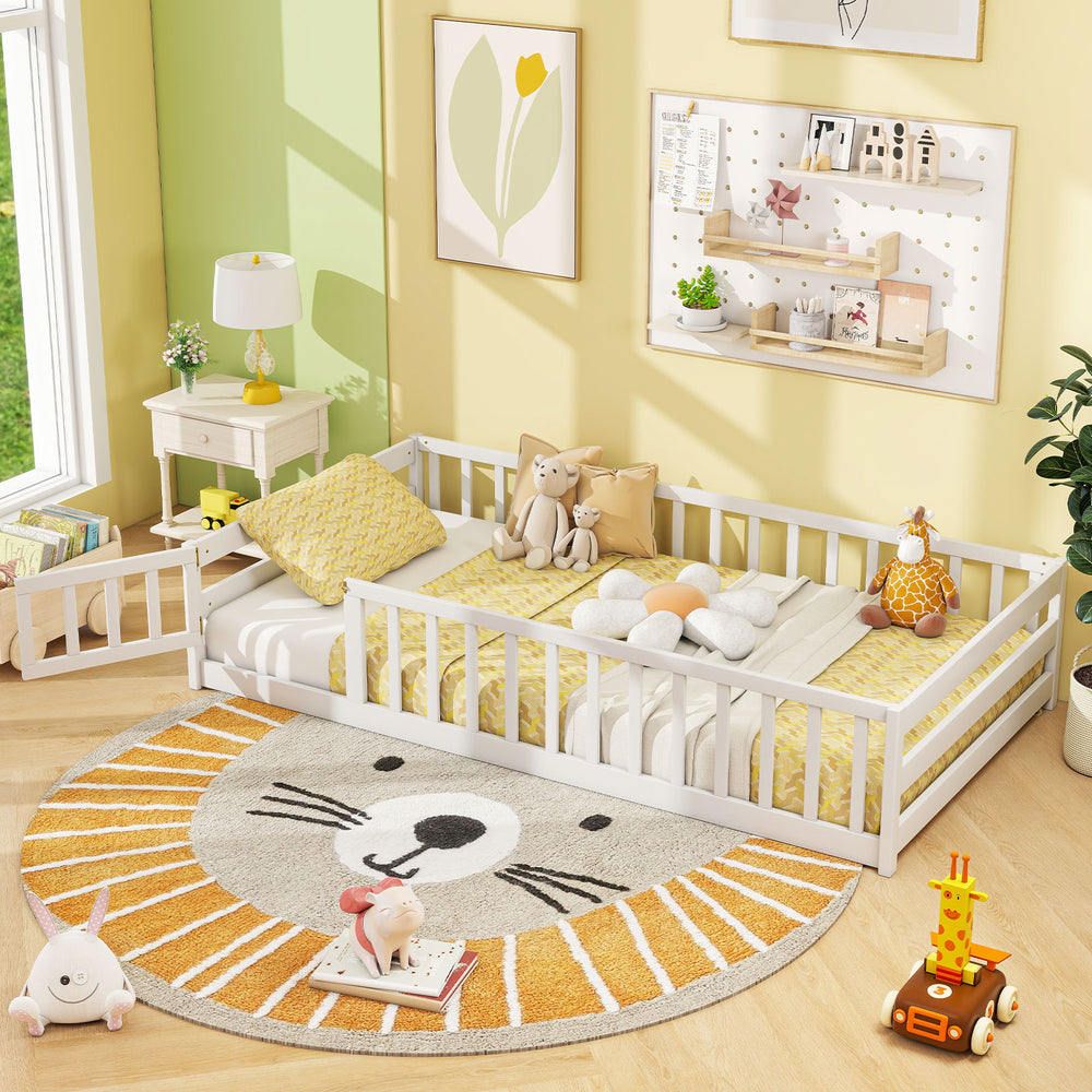 Twin Size Kids Wood Montessori Floor Bed with Door and Fence-White - Gallery View 1 of 10