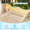 Twin size white Montessori floor bed with door and fence, featuring solid wood construction for safety and durability.