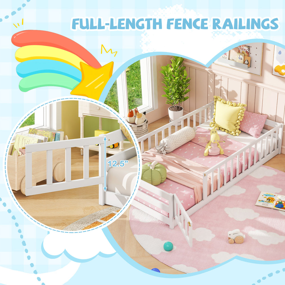Twin size kids wood Montessori floor bed with white fence railings and lockable door for safety and easy access.