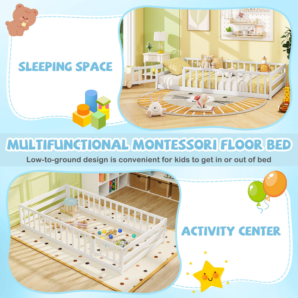 Twin size white Montessori floor bed with fence and door, designed for easy access and versatile use in kids' rooms.