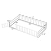 Twin size Montessori floor bed in white with fence and door, low-to-ground design for easy access and safety features.
