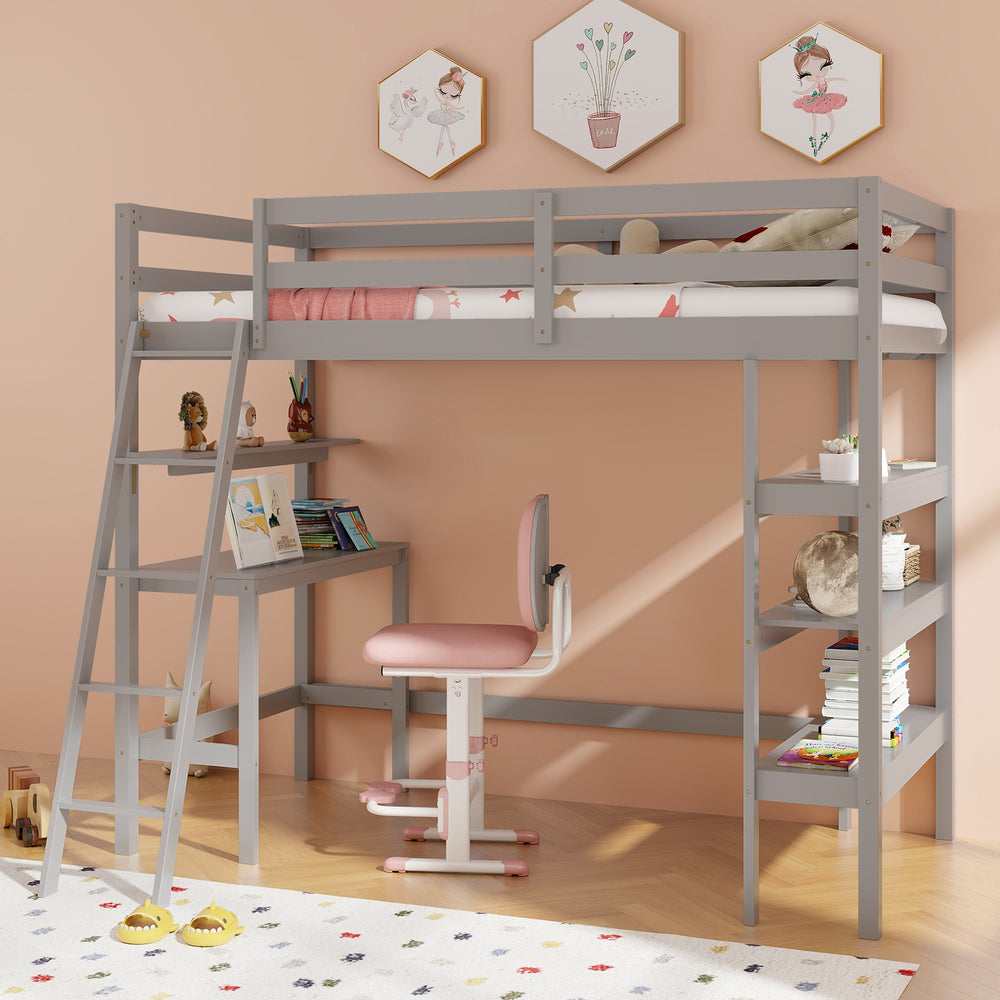 Gray twin size loft bed with side shelves and integrated desk, designed for maximizing space in kids' rooms.