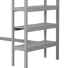 Gray wooden loft bed with integrated desk and bookshelves, featuring sturdy slats and full-length guardrails for safety.