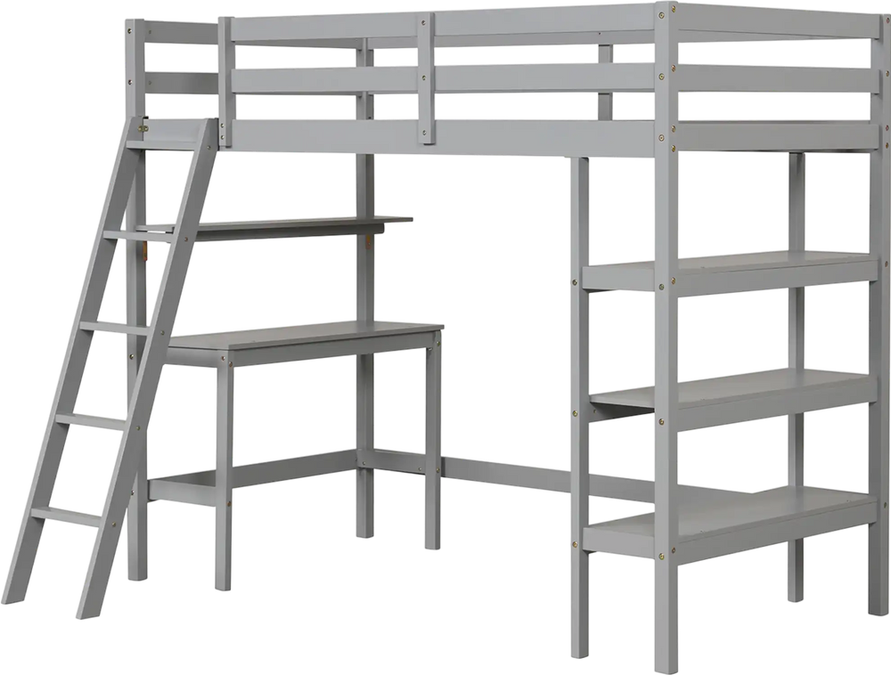 Twin size gray loft bed with integrated desk and bookshelves, featuring sturdy wood construction and full-length.
