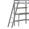 Gray twin size loft bed with integrated desk and bookshelves, featuring a sturdy ladder and full-length guardrails for.