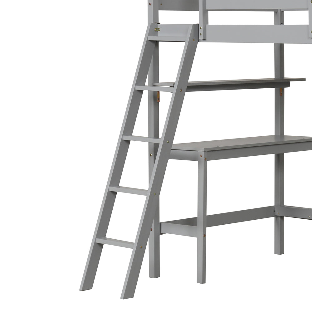 Gray twin size loft bed with integrated desk and bookshelves, featuring a sturdy ladder and full-length guardrails for.