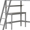 Gray wooden loft bed featuring an integrated desk and lower shelf, designed for kids' study and efficient space.