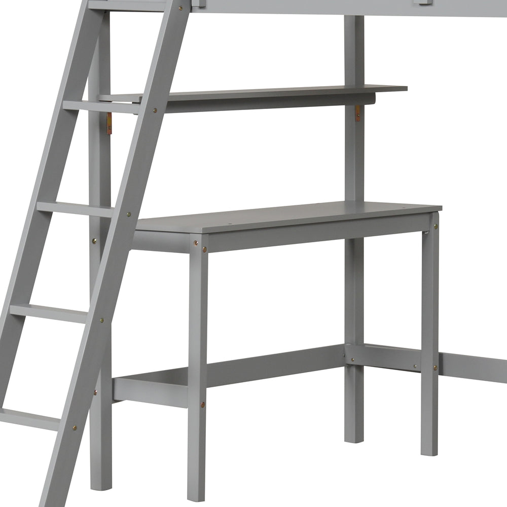 Gray wooden loft bed featuring an integrated desk and lower shelf, designed for kids' study and efficient space.