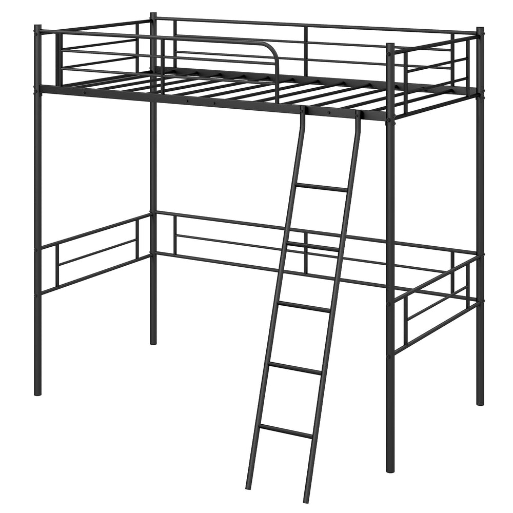 Twin size loft bed frame in black with ladder and guardrails, designed for space utilization and stability.