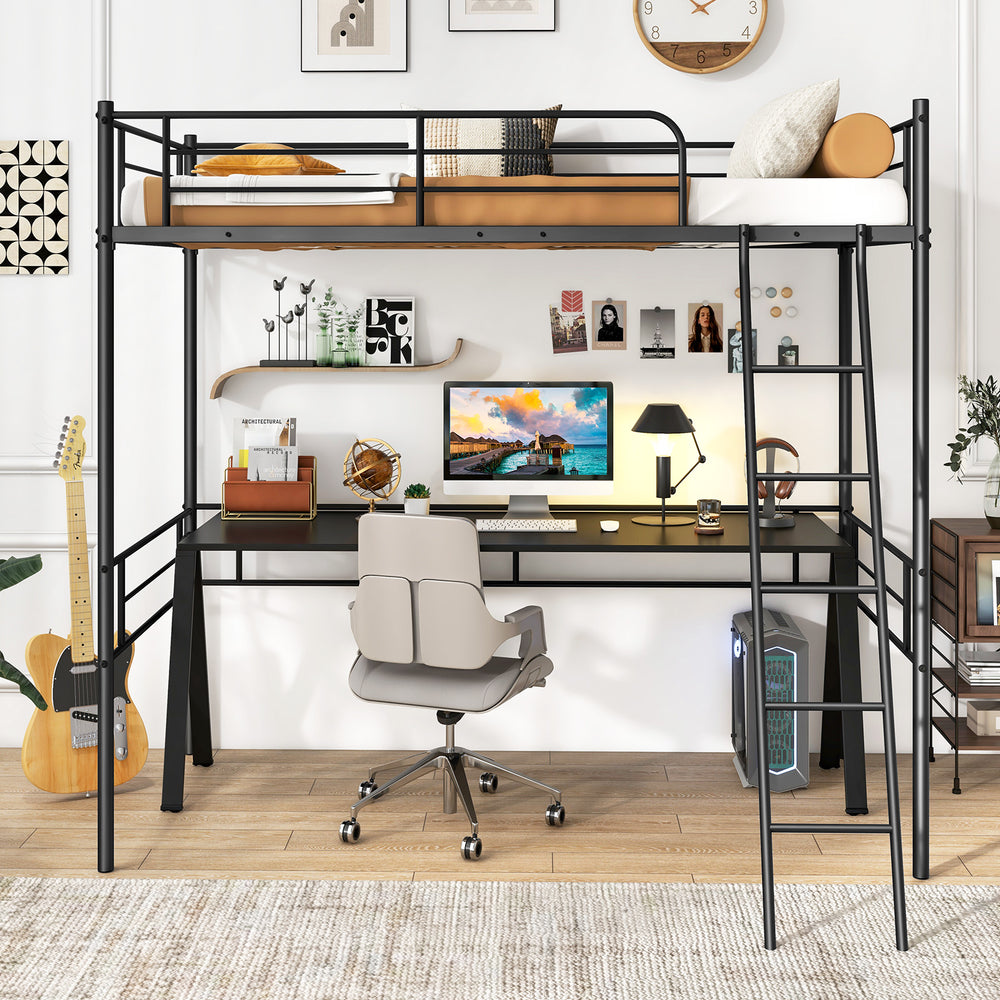 Twin size loft bed in black metal with ladder and guardrails, ideal for maximizing space for gaming or study.