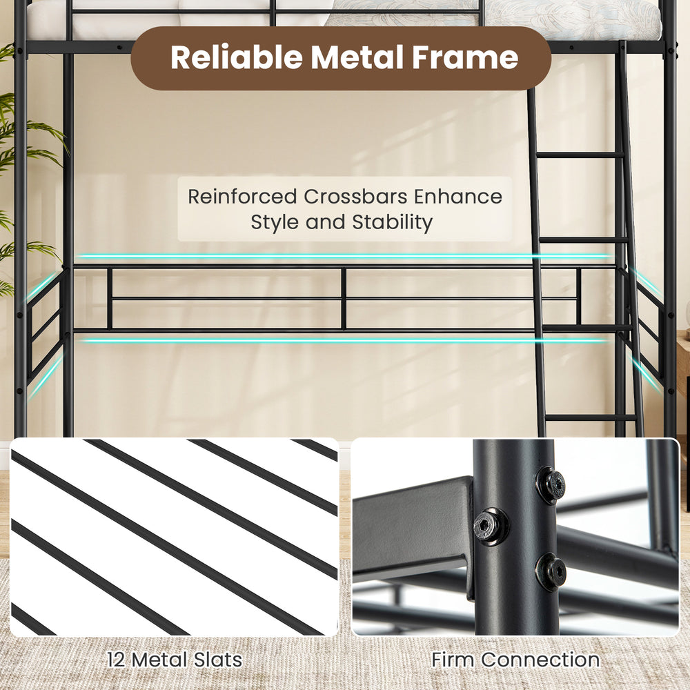 Twin size loft bed frame in black with reinforced crossbars, 12 metal slats, and firm connections for stability.
