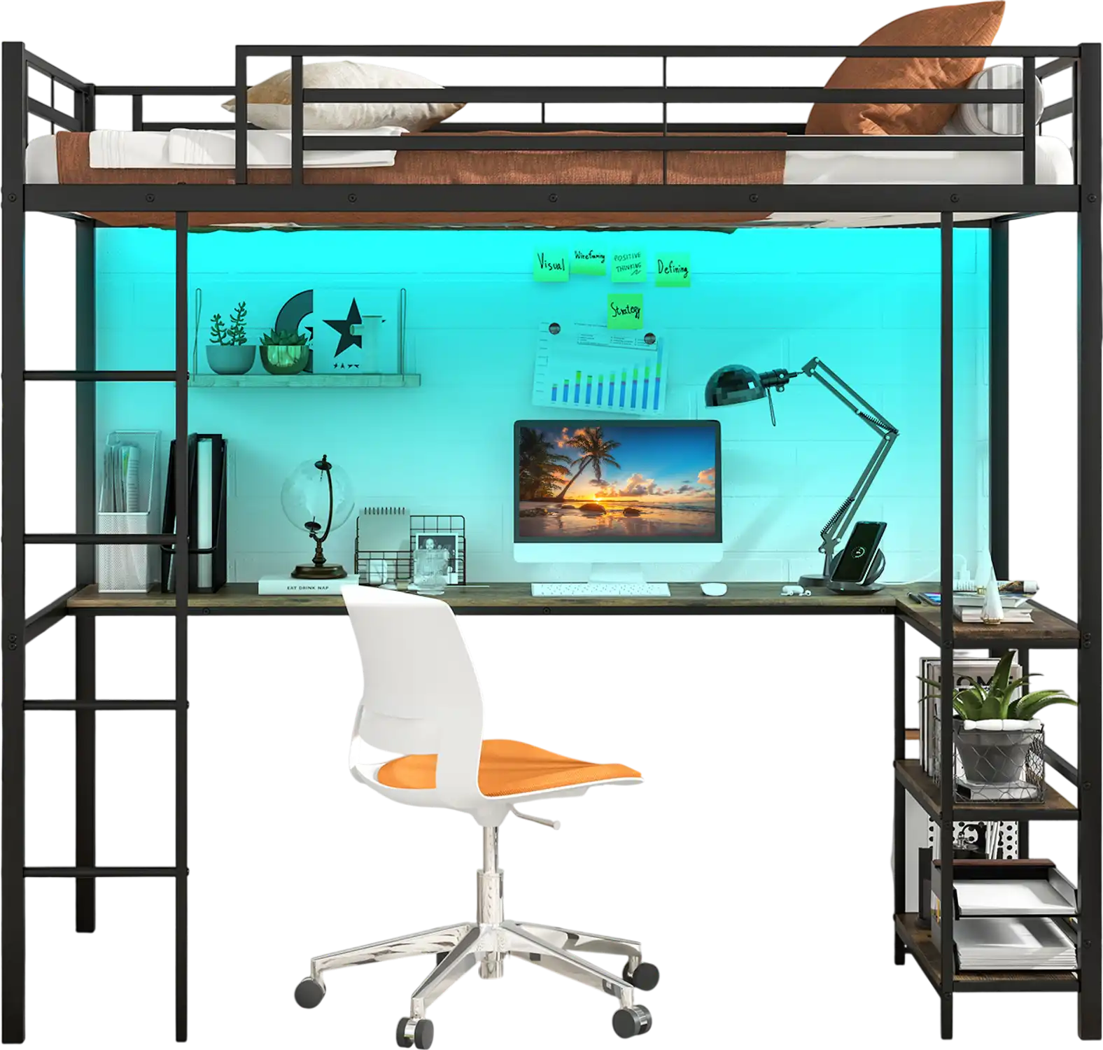 Costway Twin Loft Bed with Desk 2 Storage Shelves Black 87214569 New
