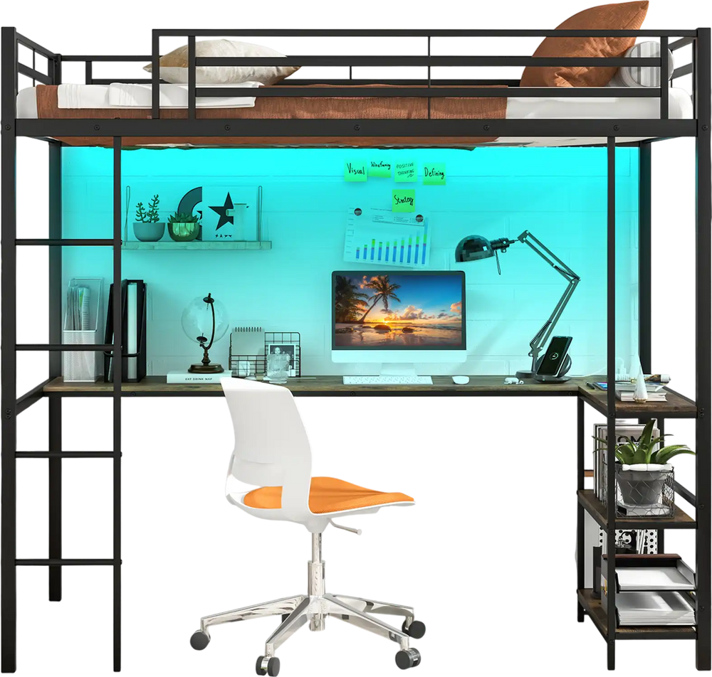Twin size loft bed in black with desk, LED lights, and storage shelves, ideal for maximizing space in a bedroom.