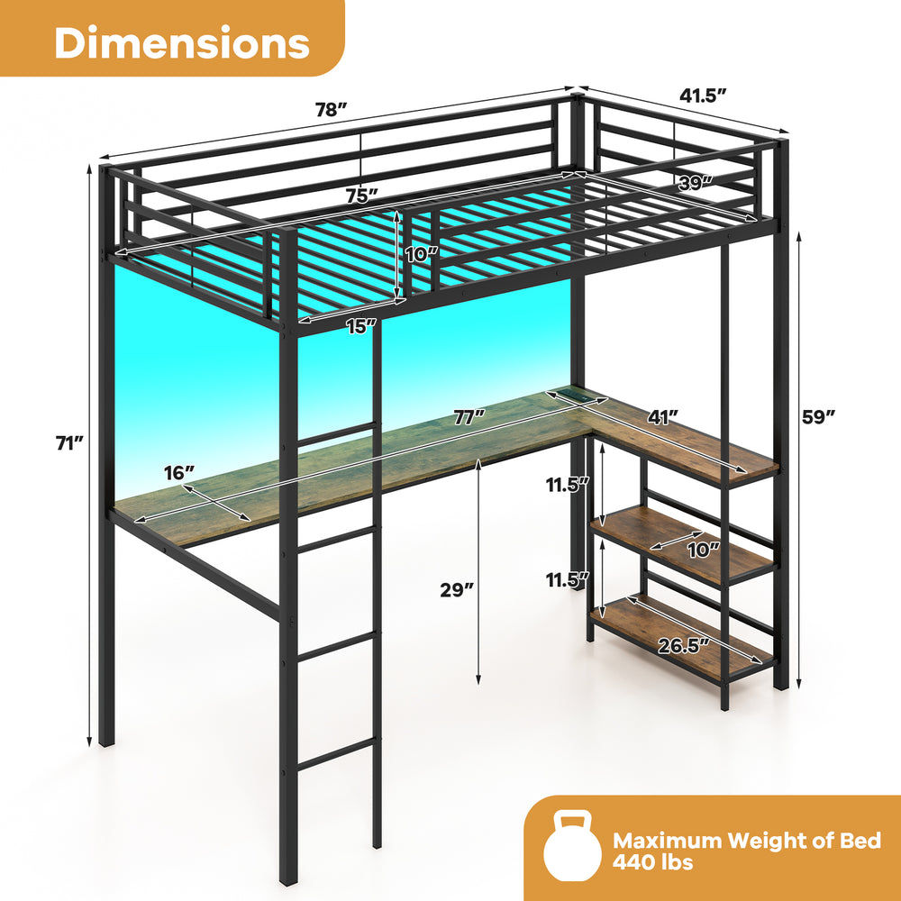 Twin size loft bed in black with desk and two storage shelves, featuring dimensions and safety details for space.
