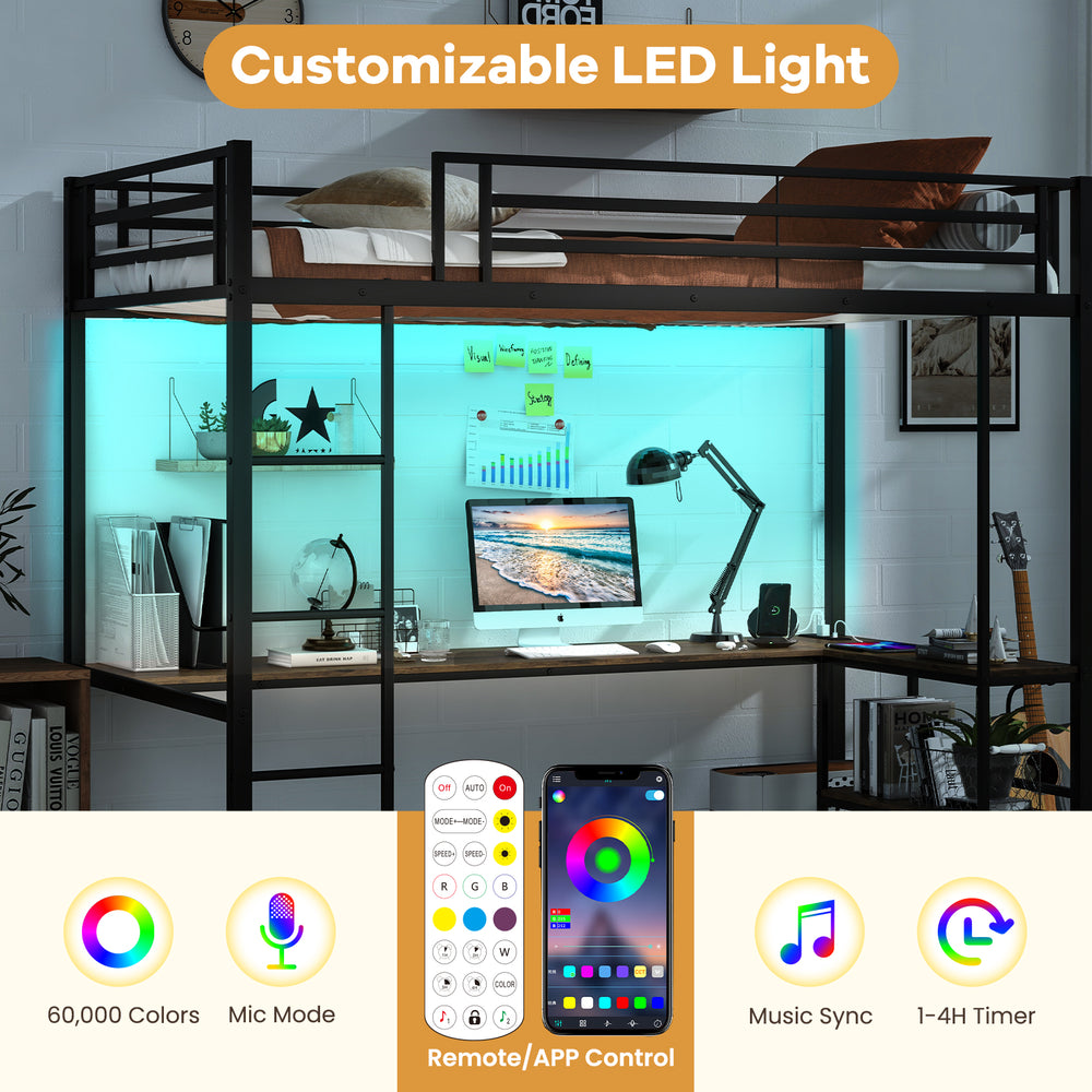 Twin size loft bed with desk, customizable LED light, and two storage shelves for efficient space utilization.