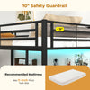 Twin size loft bed with black finish, 10" safety guardrail, desk, and two storage shelves for space-saving.