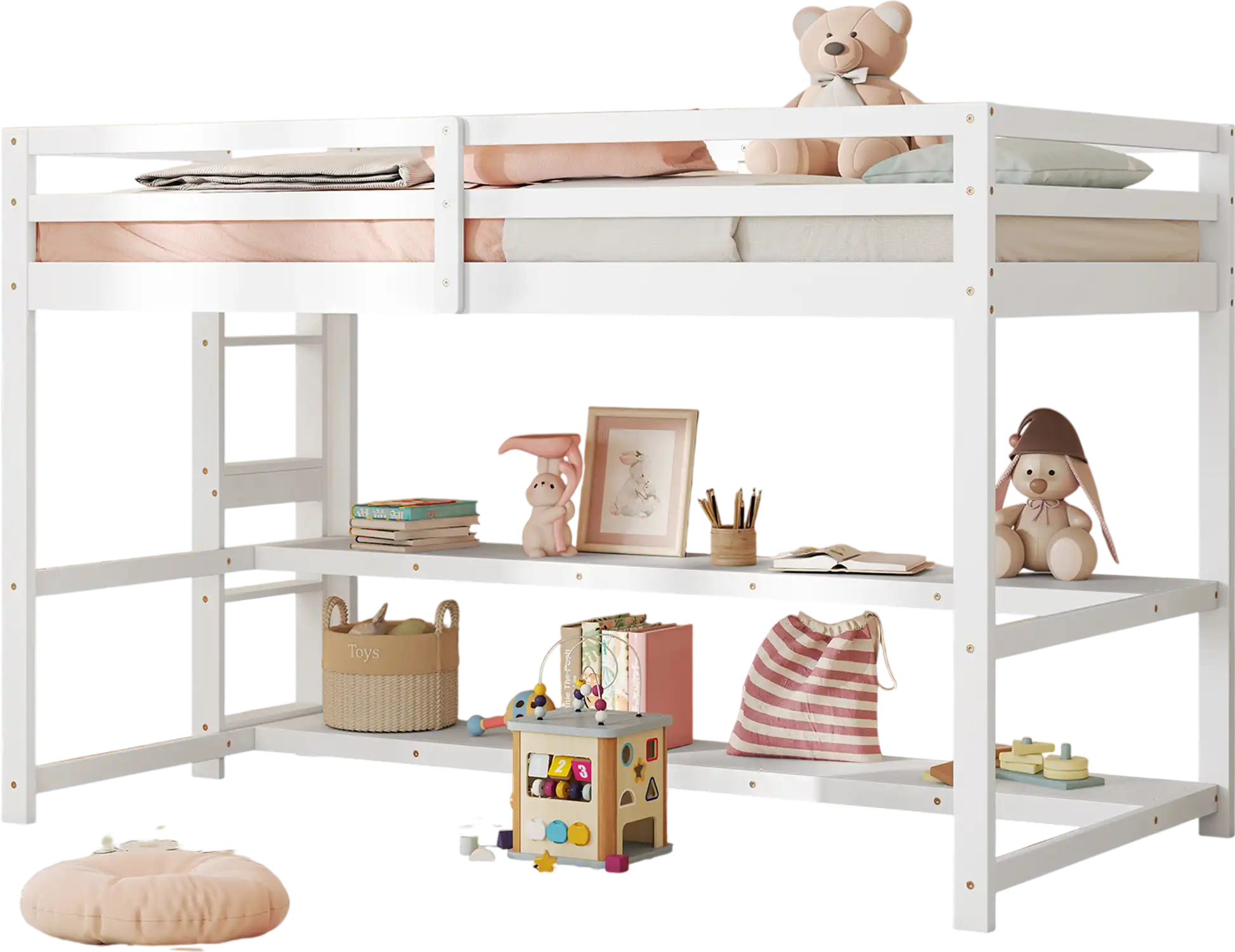 Costway Twin Loft Bed Storage Shelves Guardrails Ladder White 349862517 New