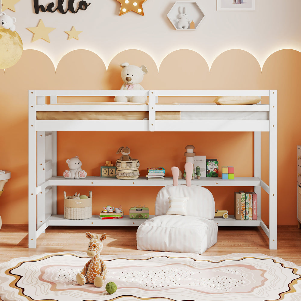 Twin size loft bed in white with storage shelves, full-length guardrails, and ladder, ideal for kids' rooms.