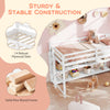 Twin size loft bed in white with solid pine wood frame, 14 plywood slats, and two storage shelves for organization.
