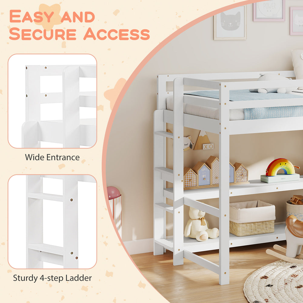 Twin size loft bed in white with sturdy 4-step ladder and storage shelves for organized space and secure access.