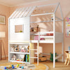 Twin size loft bed in white with LED lights, roof, window, and integrated bookshelf for kids' room organization.
