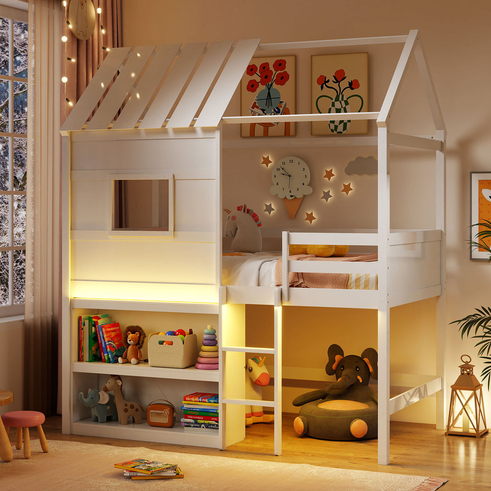 Twin size loft bed in white featuring an integrated ladder, LED lights, and ample under-bed space for storage and play.
