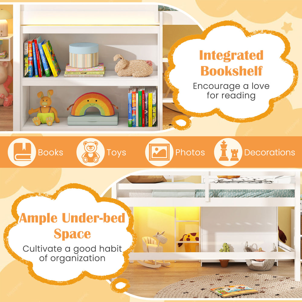Twin size loft bed with integrated bookshelf, LED lights, and ample under-bed space for organization and play.