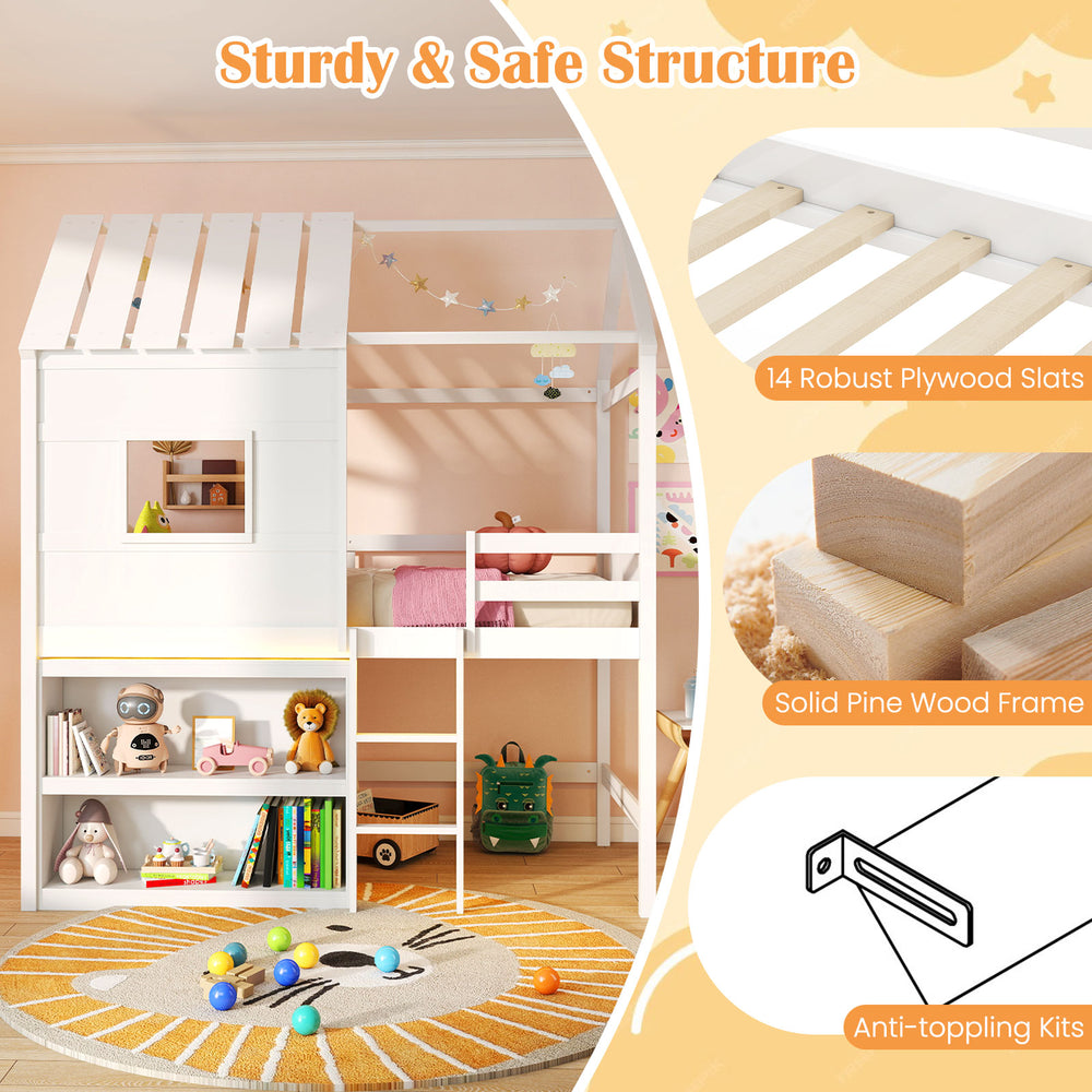 Twin size loft bed in white with LED lights, integrated bookshelf, and sturdy pine wood frame for kids' safety and.