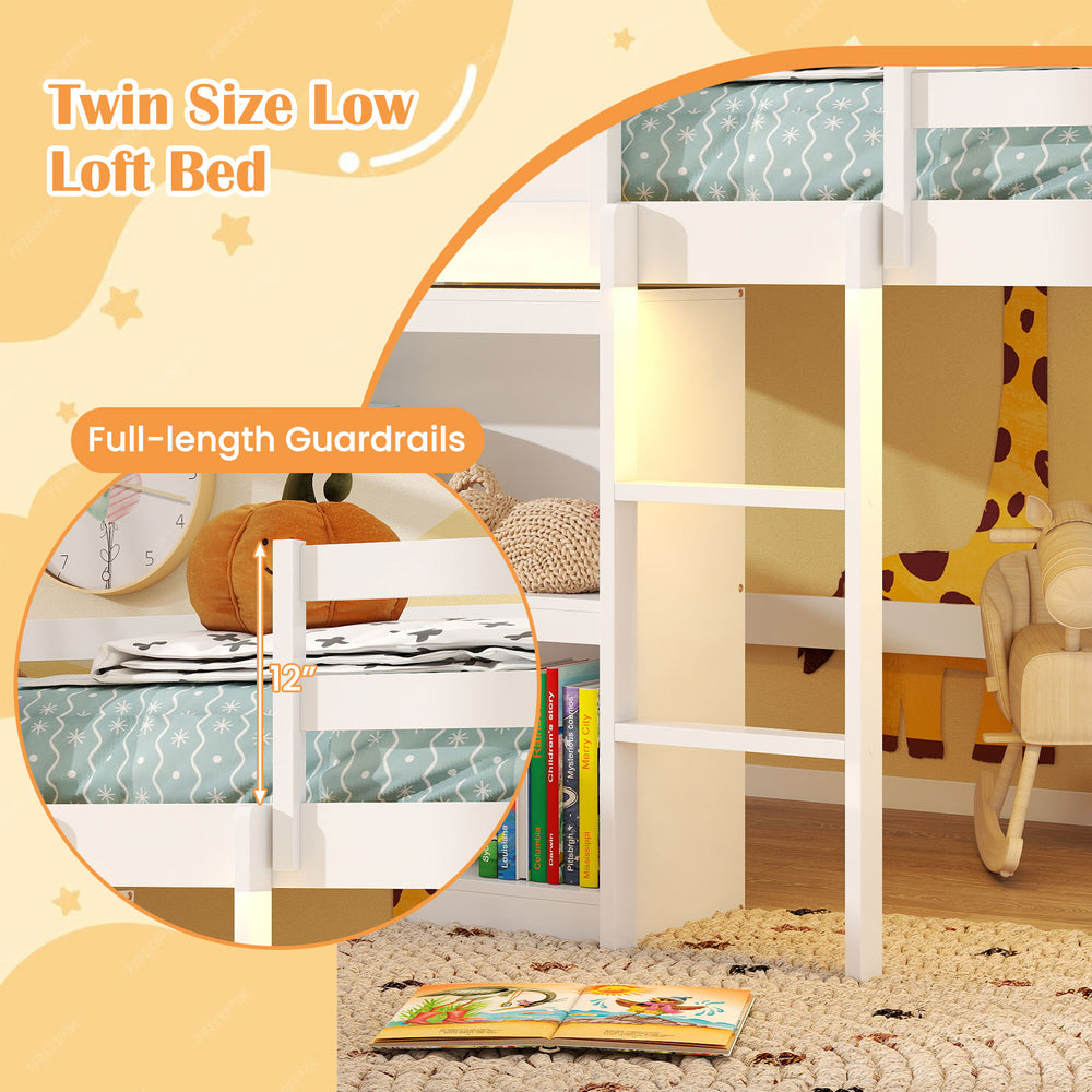Twin size loft bed in white with full-length guardrails, integrated bookshelf, and LED lights for a cozy kids' room.