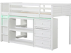 Twin size loft bed in white with LED lights, under-bed storage, and ample shelving for kids' rooms.
