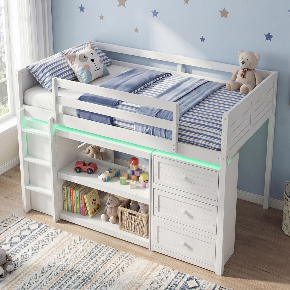 Twin Size Loft Bed with LED Lights and Underbed Space for Kids-White - Gallery View 1 of 10