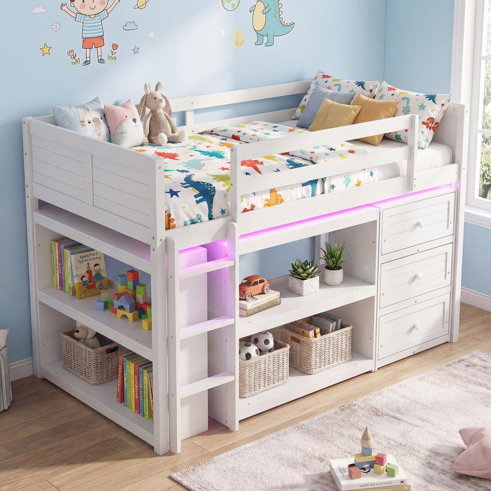 Twin size loft bed in white with LED lights, under-bed storage, and ample shelves for kids' rooms and play areas.