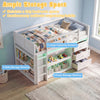 Twin size loft bed in white with LED lights, featuring ample storage drawers and shelves for kids' organization.