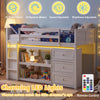Twin size loft bed in white with LED lights, under-bed storage, and safety guard rail for kids' rooms.