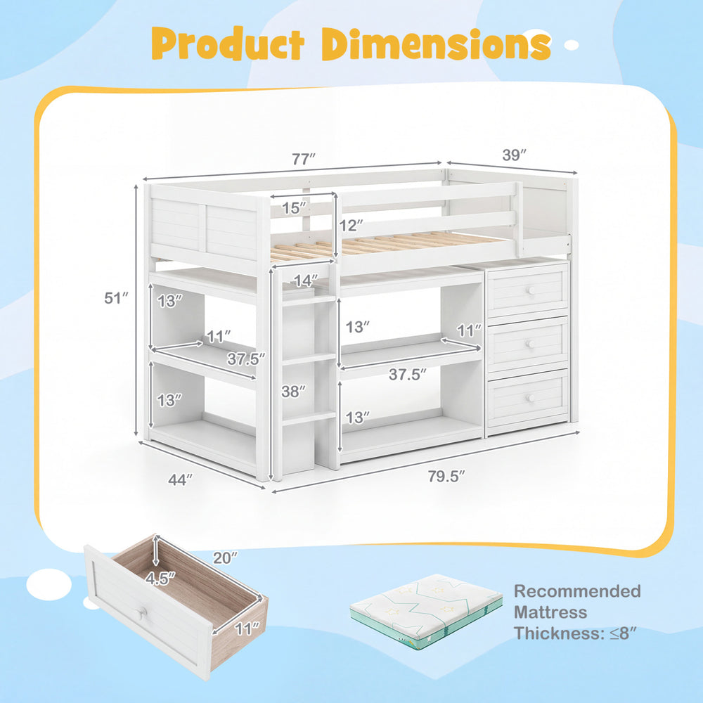 Twin size loft bed with LED lights, under-bed storage, and dimensions for kids' bedroom organization and play.