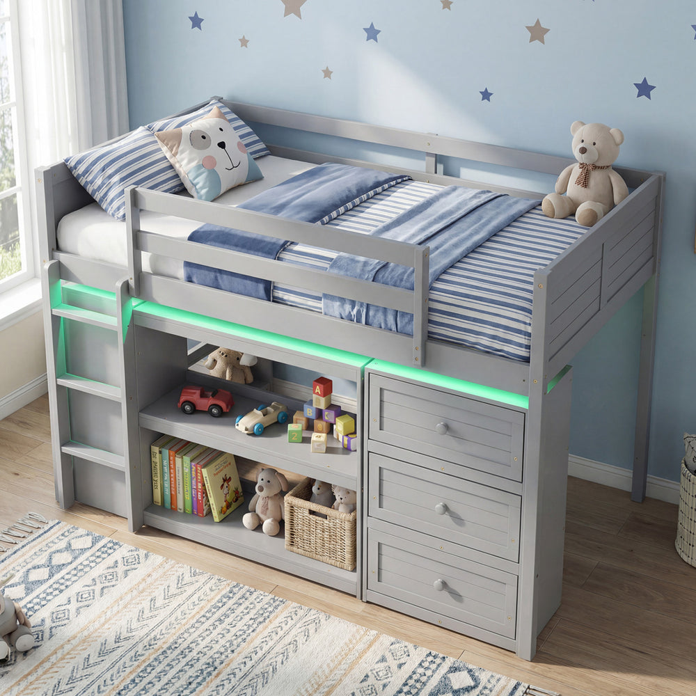 Twin Size Loft Bed with LED Lights and Underbed Space for Kids-Gray - Gallery View 1 of 10