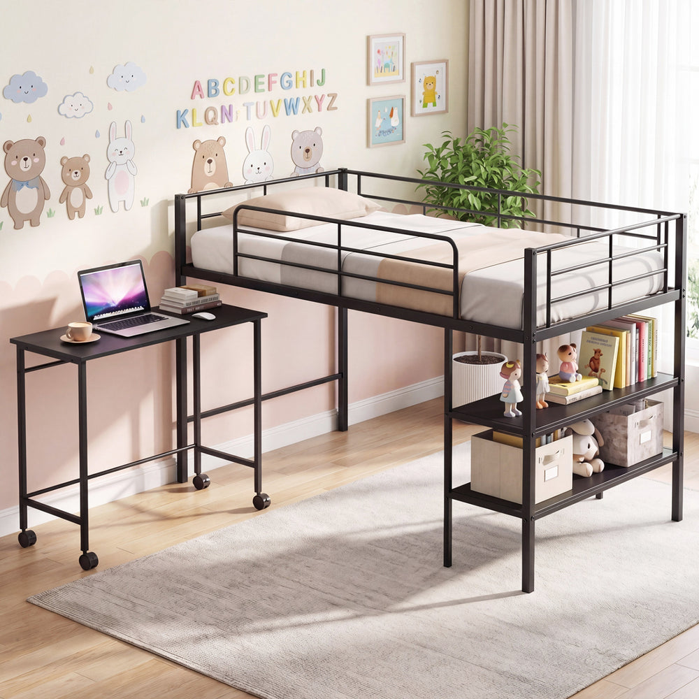 Twin size black loft bed with rolling desk and bookshelf, featuring a sturdy metal frame and under-bed space for.