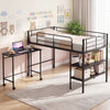 Twin size black loft bed with rolling desk and bookshelf, featuring a sturdy metal frame and under-bed space for.