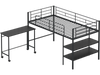 Twin size loft bed in black with rolling desk and bookshelf, perfect for studying and maximizing space.