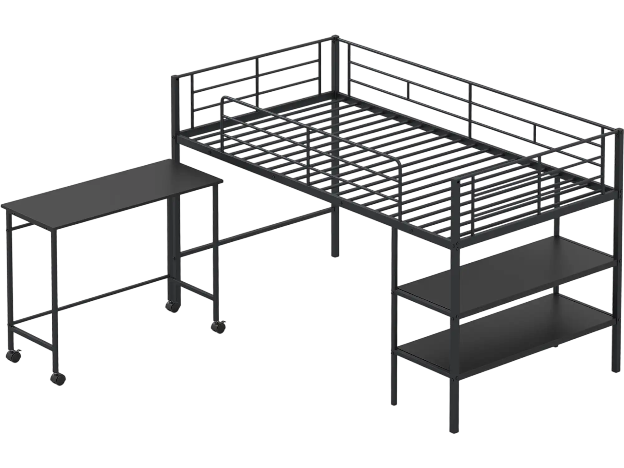 Costway Twin Loft Bed Frame w/ Rolling Desk & Bookshelf 70917324 New
